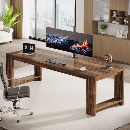 Image of Tribesigns 2 Person Desk Set of 2, 86.6 Inches Extra Long Desk, Two People Computer Writing Table, All Wood Large Desks Workstation for Home Office, Rustic Brown