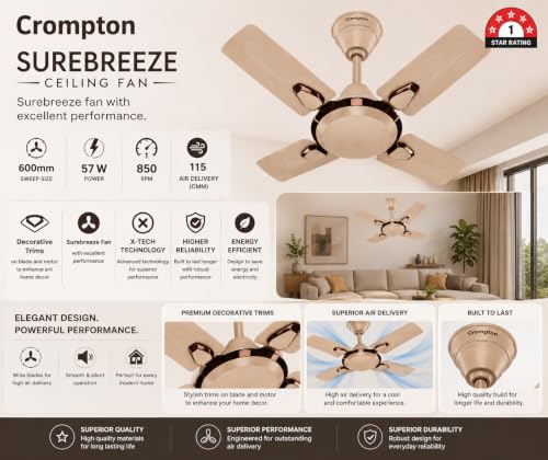 Image of Crompton Highspeed Super Briz Royal 600 mm Designer Ceiling Fan | BEE Star Energy Rating | X-Tach Technology | Upto 50% Less Heating | 2 Year Manufacturer Warranty | Caramel