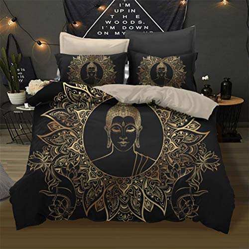 MIUNNG Rétro Mystérieux Oriental Bouddha Statue Housse de Couette Bouddhisme Culture Zen Créatif Noir d'or imprimée Parure de lit Convient pour Chambre Quatre Saisons (Bouddha#4, 220x240cm)