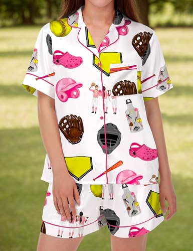 Image of SHESHOW Pajamas for Women Set Satin Button Down Short Sleeve Top and Shorts Pjs Sets Sport Ball Print Sleepwear XS-XXL