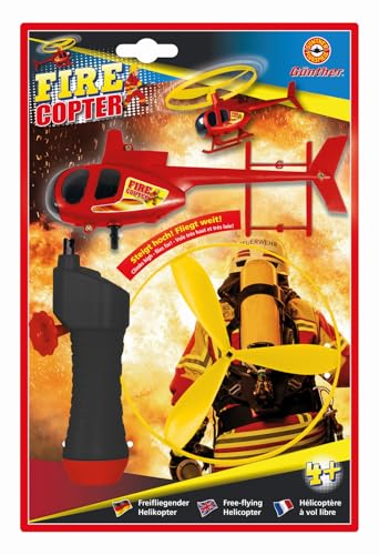 GÜNTHER FLUGSPIELE 1678 - Hubschrauber Fire Copter, ca. Ø 12,5 cm, Feuerwehr Helikopter mit Schnellstartgriff und Zugstarter, steigt hoch & fliegt weit, Spielzeug für Kinder ab 4 Jahren