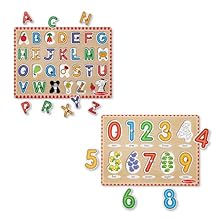 Melissa & Doug Wooden Lift & See Peg Puzzle Early Learning 2-Pack for Girls and Boys Alphabet, Numbers