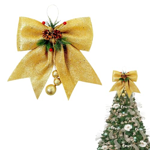 1 lazo dorado para árbol de Navidad, 9.8 x 11.8 pulgadas, coronas con purpurina, lazos grandes de lentejuelas, lazos de Navidad para decoración de árbol, lazos dorados, lazos de espuma para árbol de