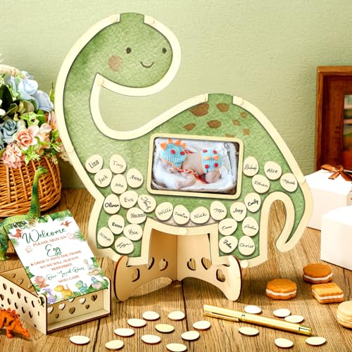 Image of Wenqik 63 Pcs Dinosaur Baby Shower Guest Book Alternatives Set Baby Shower Decorations with Photo Frame Sonogram Frame Keepsake 60 Wood Slices Guest Book for Birthday