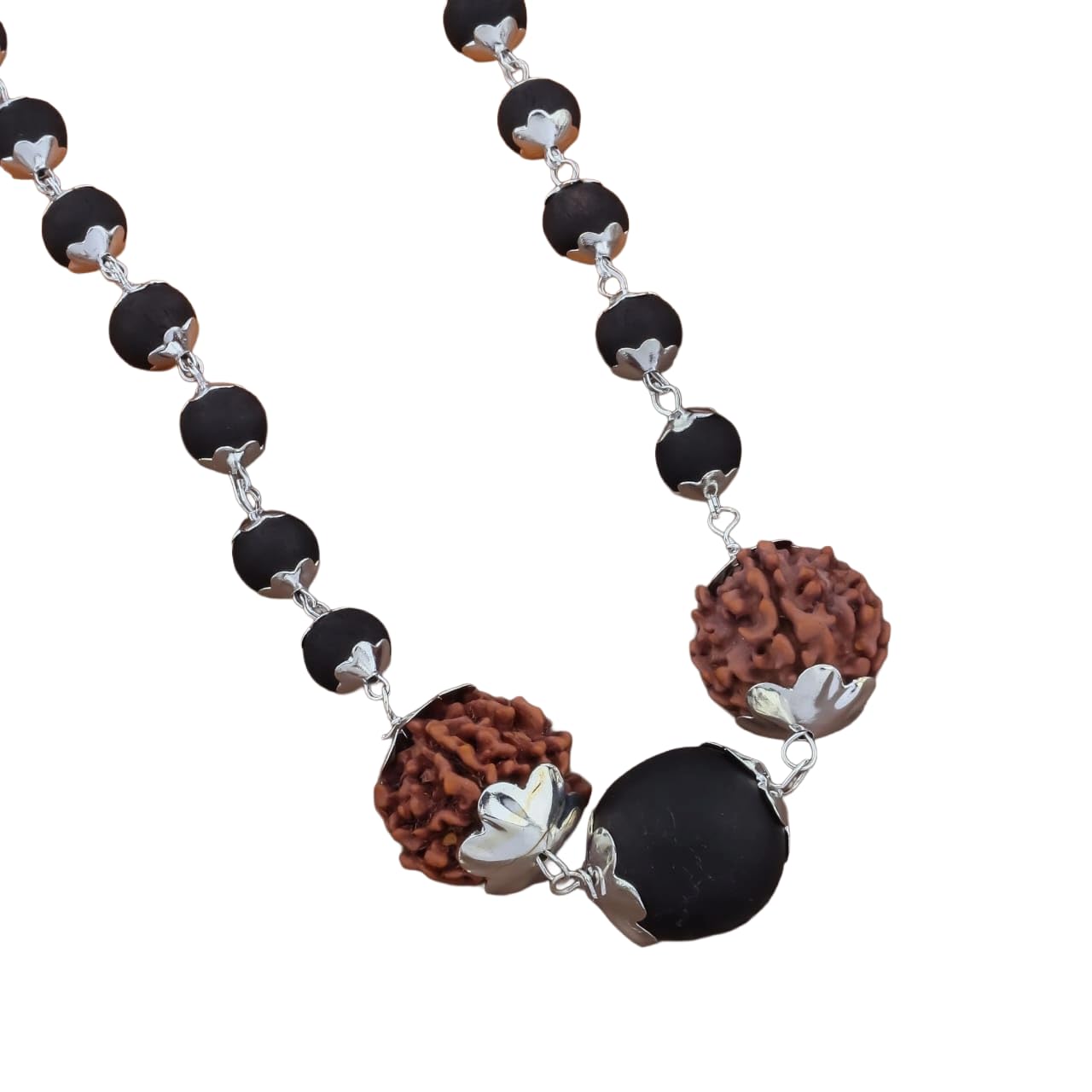 Karungali Black Bead Pendant Chain with Rudraksha Pendant Necklace Silver-Tone Caps Spiritual Rudraksha Mala Chain for Men & Women-image-39