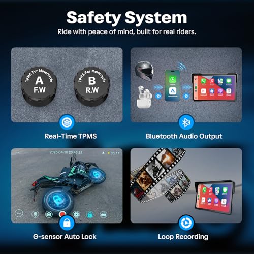 Image of WonVon Motorcycle CarPlay Screen with Android Auto - 7 inch Waterproof GPS, Pantalla para Moto, Apple CarPlay, Navigation System for Motorcycle, Dual 4K Dash Cam Bluetooth Audio, BSD & TPMS