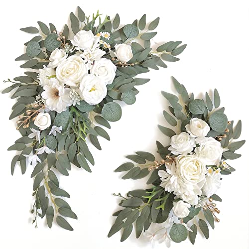Faux Flower Swag Set of 2 for Wedding Welcome Signs Floral Decorations and Wedding Reception Ceremony Signs (White)