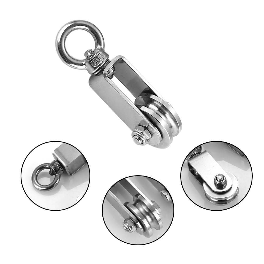Confezione da 4 pulegge girevoli a U, in acciaio inox, con puleggia girevole a 360°, doppio cuscinetto, per costruzioni, palestre, campeggio (carico 100 kg)