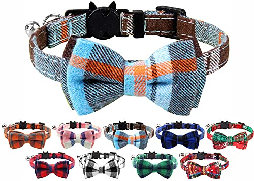 Collier pour chat avec grelot et nœud papillon, boucle de sécurité à dégagement rapide pour chatons et chats, motif tartan doux (bleu brume)