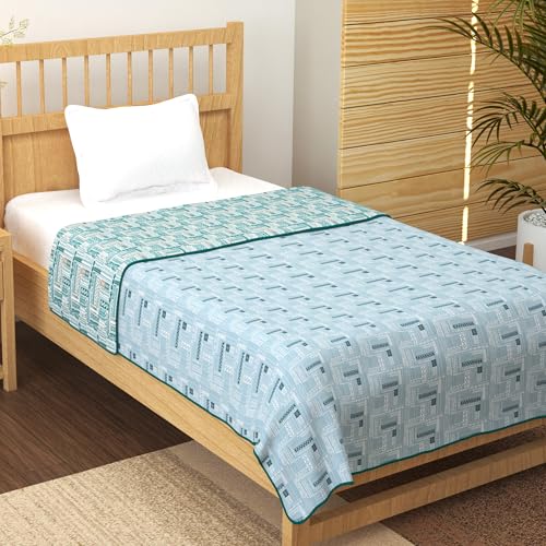 Image of Story@Home AC Comforter Queen Size Cotton 100%| 150GSM 144x220 CM Quilt AC Blanket for Summer | AC Comforter Single Bed | Dark Cyan Blue & Light Blue, Aztec Reversible Design Duvet| All-Season Blanket
