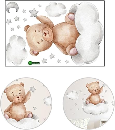 Miniatura 6 de Enfudid - 2 calcomanías de pared de oso de peluche durmiendo en la luna y estrellas para habitación de niños, habitación de bebé, habitación de