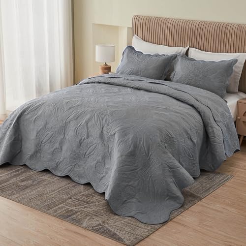 Image of Kingnex Exta Wide Oversized King Bedspreads 128x120 for Tall King or Cal King Bed Ultrasonic Quilted Coverlet Set 3 Piece Include 1 Quilt 2 Pillowcases Grey