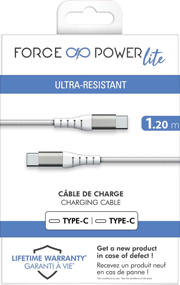 Force Power Cavo da USB C a C rinforzato da 2,​4 A Lite, 1,​2 metri, bianco