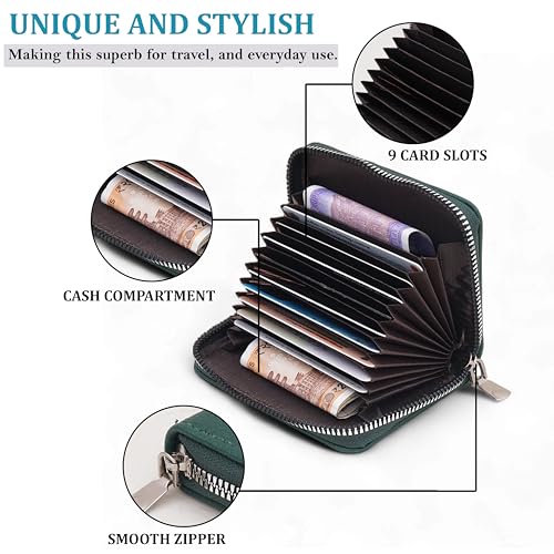 Image of 9 Slot RFID Genuine Leather Credit Debit Card Holder Wallet Money Zipper Coin Purse for Men & Women (Green)