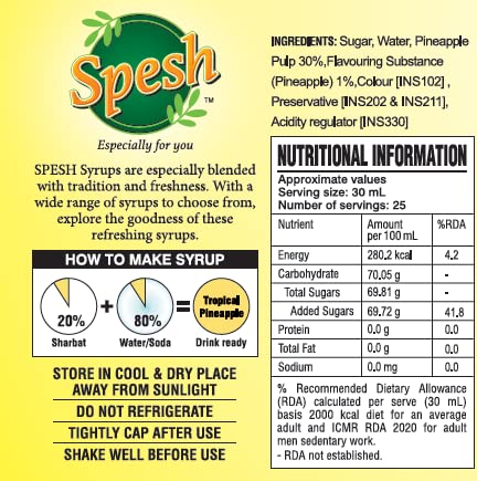 Image of SPESH Tropical Pineapple Syrup Sharbat 700 ML | Premium Pineapple Drink Concentrate | Instant Refreshing Summer Beverage | Perfect for Mocktails, Milkshakes, Desserts & Juices