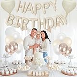 Happy Birthday Balloon Banner Cream, 16 Inch Beige Mylar Letters Heart Foil Balloons Pearl White Sand White Metallic Champagne Gold Balloons Boho Neutral Birthday Decorations for Girls Women Boy Men - Image 7