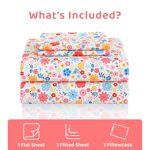 Image of Mooreeke Cozy Floral Microfiber Printed Floral Twin Sheet Set - Soft & Breathable Colorful Flower Custers Bed Sheets with Extra Deep Pocket - Non-Slip Fitted Design - Colorful Flower Pattern - Twin