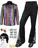 Mepase 70s Kids Disco Outfit Costume Boys Bell Bottom Pants Shirts Wigs Necklace Mustache Disco Party (Trendy, 5-6 Years)