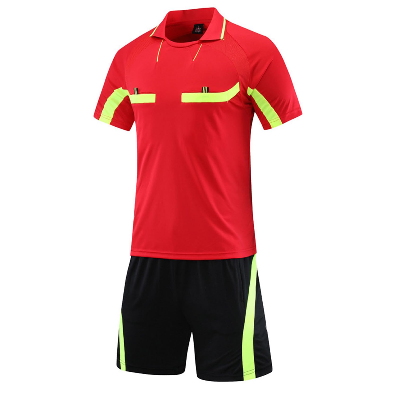 Vxuxlje Maglia Arbitro Uomo Colletto Rovesciato Maniche Corte Maglia Arbitro Calcio Completo E Pantaloncini con Tasche
