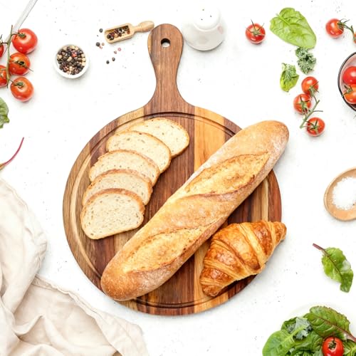 Tablas de cortar redondas de madera de acacia con mango, pack de 12 piezas para frutas, pan, pizza y vegetales miniatura 4