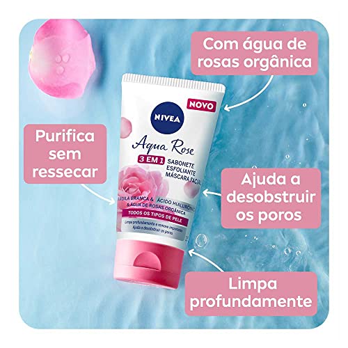 NIVEA Aqua Rose 3 em 1 150ml - Sabonete, Esfoliante e Máscara Facial - Com argila branca, ácido hialurônico e água de rosas orgânica, o sabonete tem benefícios antioxidantes e hidratantes que limpam e purificam a pele sem ressecá-la 4 51pWMN+MHzL