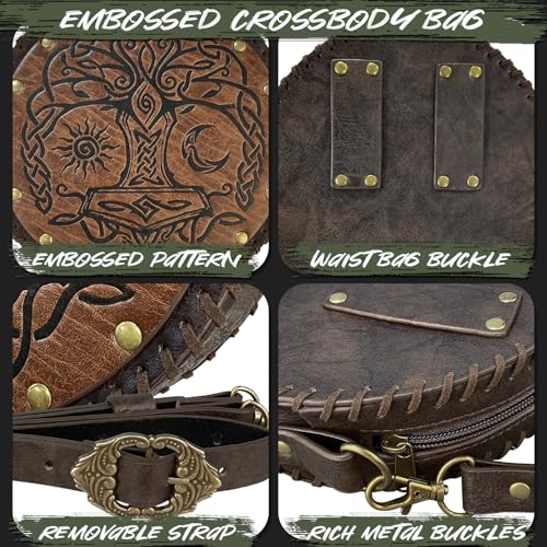 Image of HiiFeuer Viking Embossed Crossbody Bag, Nordic Faux Leather Belt Bag Satchel Bag, Medieval Portable Cosplay Shoulder Bag | Embossed