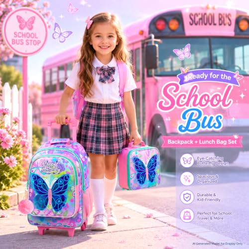 Image of CCJPX 3Pcs Butterfly Rolling Backpack for Girls, 18 inch Kids Wheeled Bookbag with Lunch Box, Lightweight Roller School Bag for Elementary Preschool (Pink)