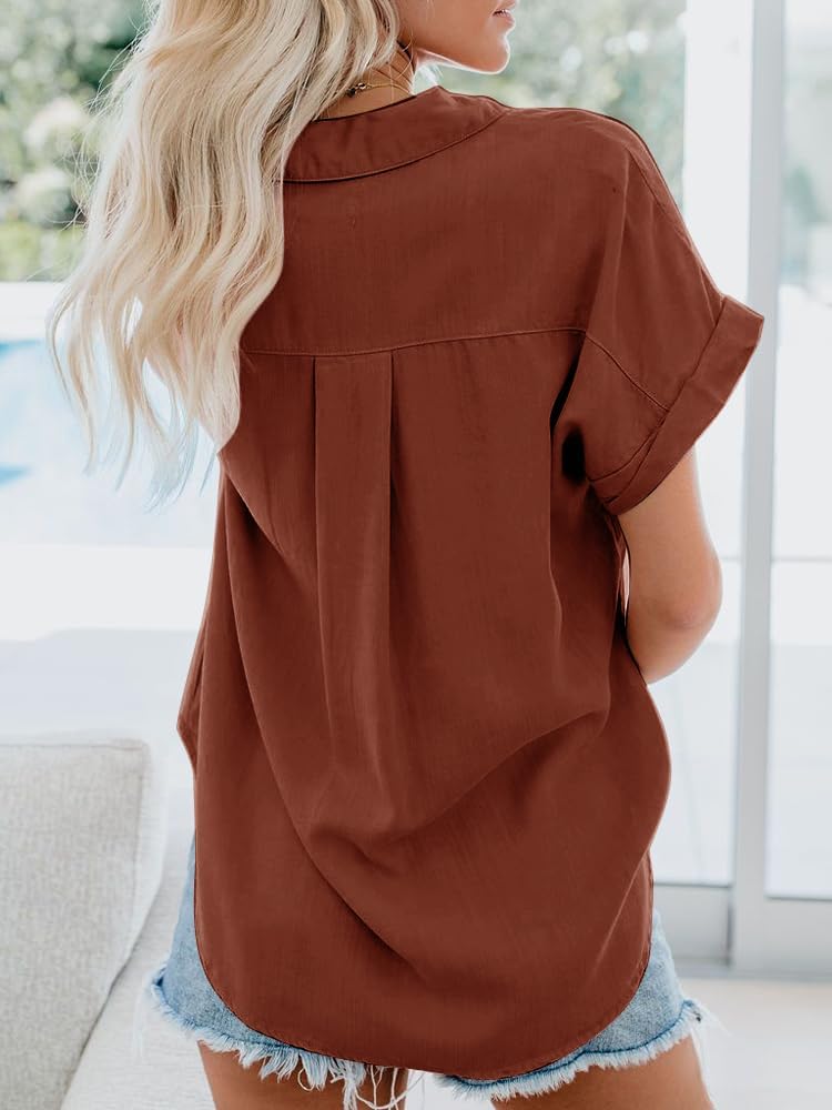 Womens Button Down Casual Shirts Cotton Short Sleeve Blouses Solid Summer Tops with Pocket - Image 4
