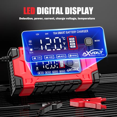Image of AXVOLT Battery Charger 10-Amp 12V and 24V Fully-Automatic Smart Car Battery Charger, Battery Maintainer Trickle Charger, and Battery Desulfator with Temperature Compensation