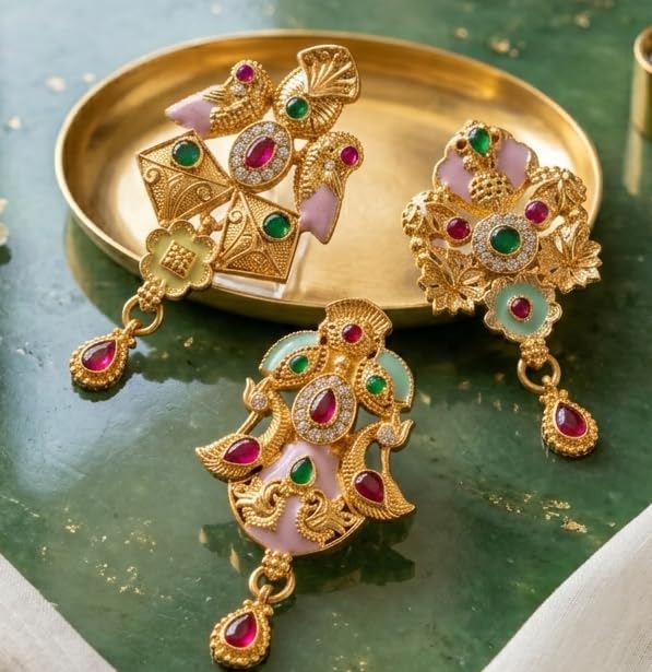 Harishree Enterprise Ethnic Gold-Tone Saree Pin-Pendant with Zircon Stones (Random Selection)-image-46
