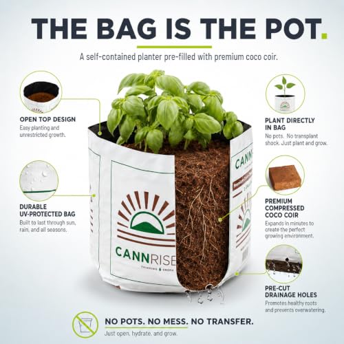 Image of Coco Coir Grow Bags 5 Pack, 1 Gallon Pre-Filled & Ready to Plant - No Soaking or Bucket Needed, Peat-Free Coconut Coir Planting Bags for Herbs, Vegetables & Flowers, Indoor & Outdoor