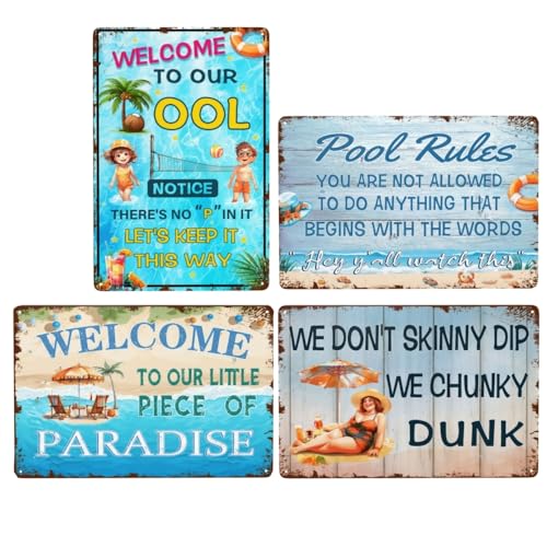 Pool Signs For Outside, Bundle Swimming Pool Decor Metal Tin Signs Pool Area Decorations Beach Welcome Signs 12x8 Inch Funny Pool Rules Tin Signs For Beach Home Garden Outdoor Signs Wall Decor