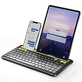 Einfacher Wechsel zu Mehreren Geräten: Die bluetooth tastatur tablet verbindet bis zu 3 Geräte gleichzeitig und wechselt zwischen ihnen auf Knopfdruck ohne Störungen oder komplizierten Pairing-Prozess. Die fortschrittliche Bluetooth 5.0-Technologie bietet eine zuverlässige kabellose Anti-Interferenz-Verbindung und eine Reichweite von bis zu 10 m, was Ihre Zeit erheblich spart. Hinweis: Es ist nicht wiederaufladbar, 2 * AAA-Batterien sind erforderlich (nicht im Lieferumfang enthalten)