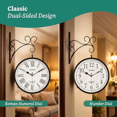 Image of Amazon Brand - Solimo Double Sided Vintage Station Wall Clock, One Side Roman and Other Side Numeral dial (10 Inches, Black)