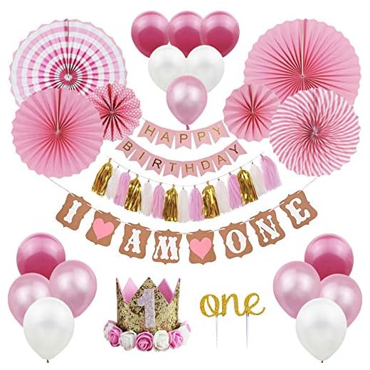 ZNZ DECORACIÓNES para EL Primer CUMPLEAÑOS para BEBÉ - NIÑO NIÑA 1 año Fiesta de Cumpleaños, Globos Pancartas Papel de Abanico Flor y Pastel Topper de Corona de Tiara,Gorra, Diadema, Papel Borla