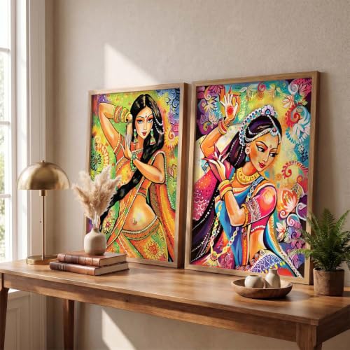 Image of kotart Premium Modern Folk Art Wall Art Set of 2 | Vibrant Indian Dancing Woman Painting | MDF Wooden Framed Home Decor (Art 9, 13x17 inch)