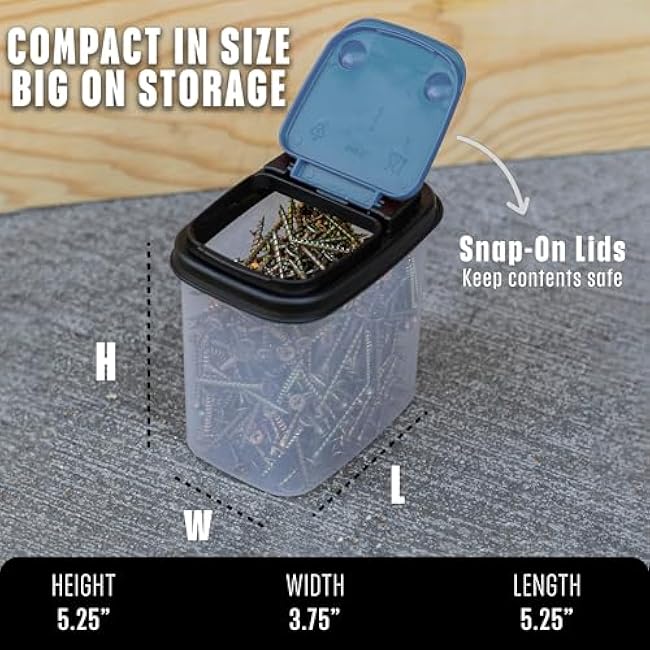 Buddeez Multi-Purpose Hardware Storage Bins Bits and Bolts Small Storage Containers, Hardware Organizers, Clear Containers With Blue Stackable Lids, Bolt and Screw Organizer (1 Quart - 12 Pack)