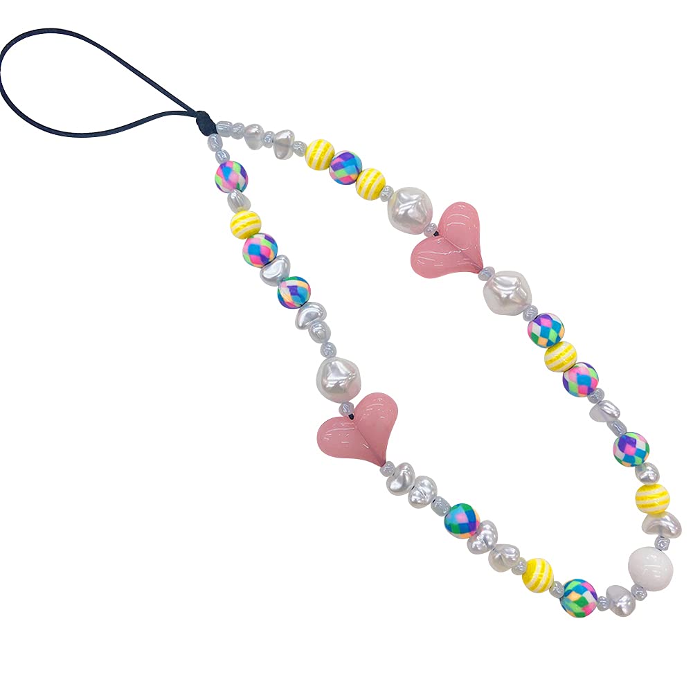 oAutoSjy Beaded Phone Charm Acrylic Beaded Phone Lanyard Wrist Strap Heart Shaped Bead Anti Lost Mobile Phone Chain Boho Retro Beaded Cell Phone Chain Strap Bracelet Keychain Accessory for Women Girls