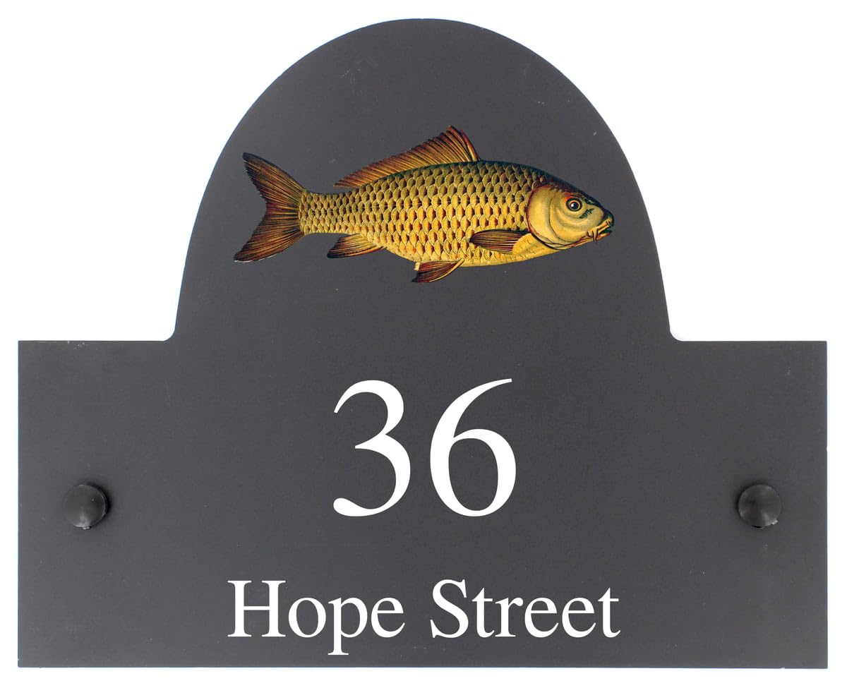 Targa personalizzabile con nome o numero civico in ardesia, motivo carpa, 25 x 20 cm