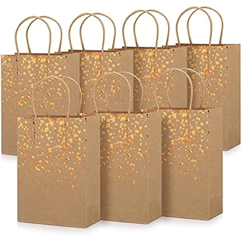 DONQL 7Pcs Bronzing Paper Party Bags, 5.9x8.5inch Kraft Gift Bag, Brown Hen Party Bags with Handles, Cute Heart Pattern Party Bags for Birthday Wedding Keepsake Celebrations Party Favors Cover