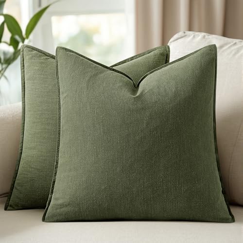 Image of 20x20 Inch Set of 2 Decorative Linen Solid Throw Pillow Covers Boho Accent Farmhouse Pillowcases Modern Netural Spring Home Decor for Couch Sofa Living Room Bed,Dark Olive Green