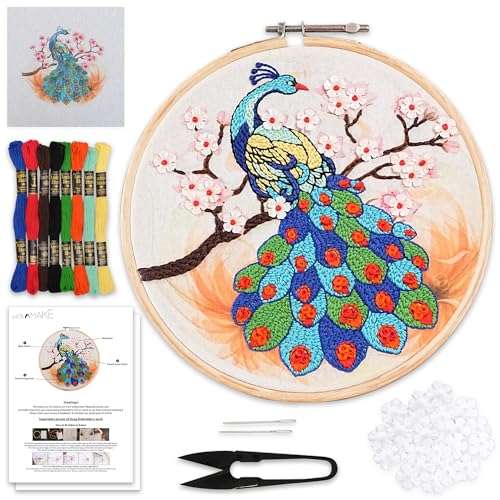 Image of picknMAKE Colorful Majestic Peacock Hand Embroidery Kit for Beginners, Adults & Kids - Digital Printed Fabric, Threads, Needles, Floral Sequins & Instructions - DIY Embroidery Set