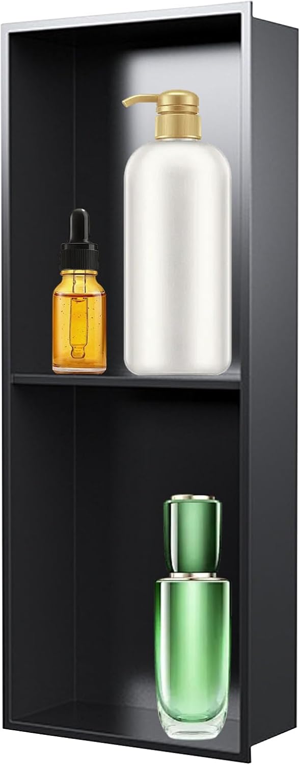 Wet Room Shelf Recess, Recessed Shower Shelf, 304 Stainless Steel Tile Ready Shower Niche Box, Embedded Wall Niche for Bathroom Over Mount Installation,Black