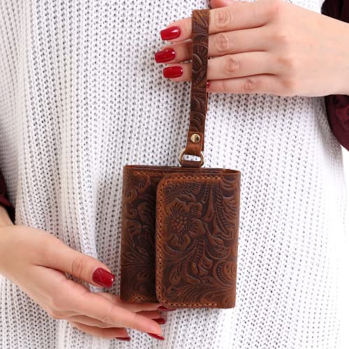 Handmade Wristlet Wallets For Women, Minimalist Card Wallets Holder, Small Minimalist Womens,Cute Coin Pouch, Floral Leather Credit Slim Wristlet,Bifold Purse Designer Girl Zipper Money Teen(Dark Br.) #TOP1