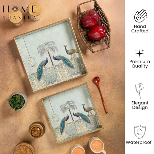 Image of Wooden Serving Tray with Gold Engraving | Set of 2 | Size : 12 x 12 inch & 10 x 10 inch | Enamel Coated Waterproof | Square Trays | Decorative Trays | (Blue Peacock Square Trays Set)
