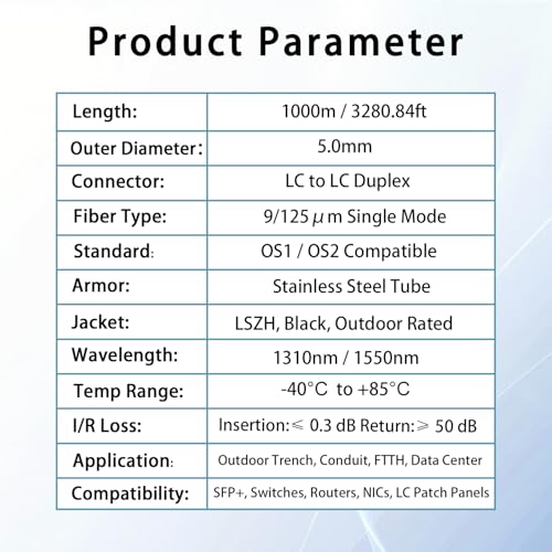 Image of 1000M /3281FT LC to LC Armored Outdoor Fiber Optic Cable, Single Mode Duplex 9 /125μm SMF Fiber Patch Cord, OS1 /OS2 Compatible, Black LSZH Jacket, Uniboot Jumper for FTTH, Data Center, Long-Distance Use