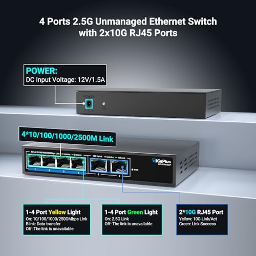 6 Ports 10Gb Unmanaged Ethernet Switch with 4*2.5G Base-T Ports, 2*10G RJ45 Ports. 60Gbps Switching Capacity, GiGaPlus 10Gbps Network Switch for 2.5G/10Gbps NAS/PC, WiFi6 Router, Wireless AP - Image 3
