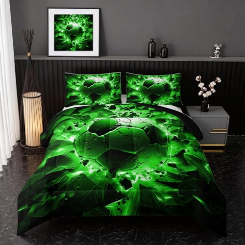 Image of Nttopship Soccer Bedding Comforter Set Queen Size for Kids Teens and Adults, Black and Green Football Printed Bedding Sets 3 PCS,Ball Sports Themed Bedroom Decor with 1 Comforter and 2 Pillowcases