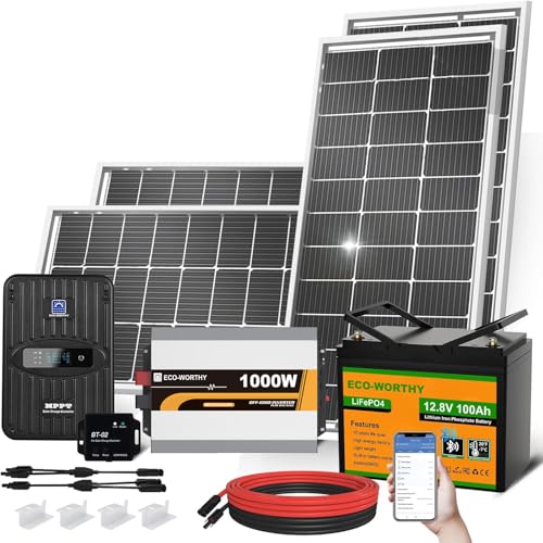 ECO-WORTHY 1.6KWH Complete Solar Panel Kit 400W 12V for RV Off Grid: 400W Solar Panels + 40A MPPT Charge Controller +12V 100Ah Lithium Battery + Solar Power Inverter + Bluetooth Module