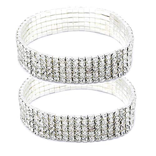 Women Rhinestone Stretch Ankle Bracelet Silver Sparking Tennis Bracelet Crystal Anklet Foot Chain Jewelry (5 Row - 2pcs)